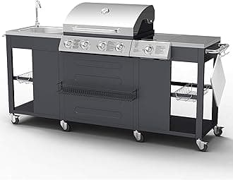 BIllyOh Alabama 4 Burner Gas BBQ Grill + 1 Side Stove and Kitchen Sink, Table, Rack, Thermometer and Storage - Outdoor Gas Burner with Cast Iron Barbecue Grill Outdoor Kitchen for Patio and Garden