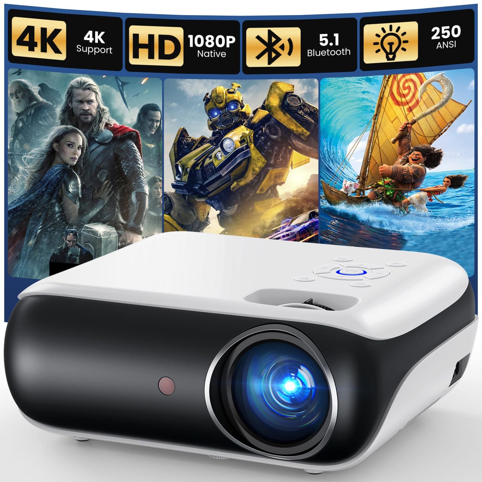 HAPPRUN Projector, Bluetooth Projector 1080p, Portable Outdoor Projector With Speaker, 200" Support 9500L Mini Movie Projector Compatible with Smartphone/HDMI/USB/AV/Fire Stick