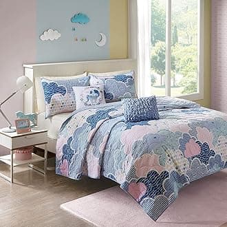 Intelligent Design Kids Reversible Cotton Quilt Set - Vibrant Fun, Playful Print, All Season Children Bedding Coverlet Bedspread, Decorative Pillow, Bedroom Décor, Full/Queen, Cloud Blue 5 Piece