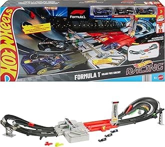 Toy Car Track Set, Formula 1 Grand Prix Circuit Track Set with 3 1:64 Scale Die-Cast Toy Cars, Two Modes of Racing with a Motorized Booster