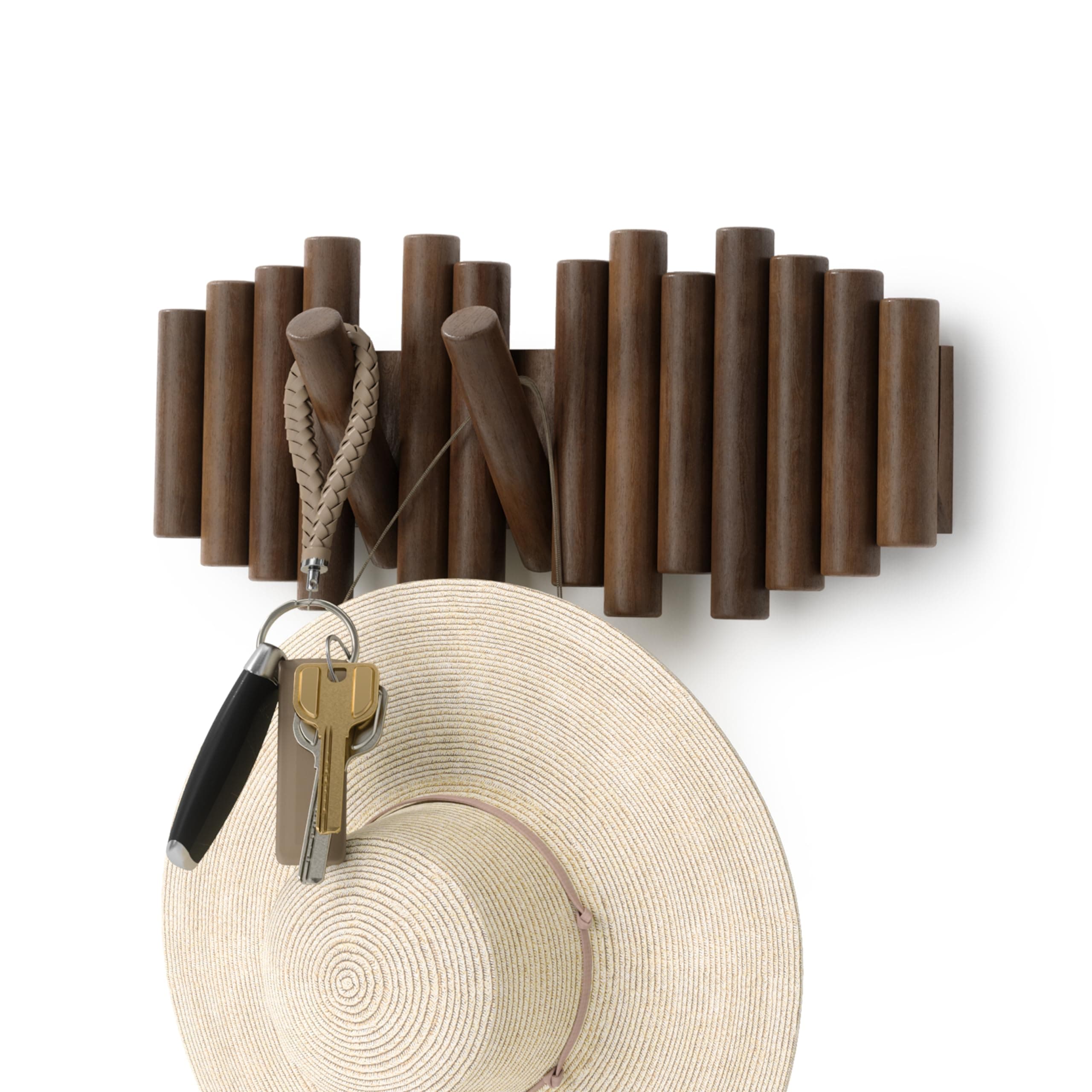 Umbra Picket Wall-Mounted Coat Rack Rail Hook with 5 Retractable Wood Pegs – ...