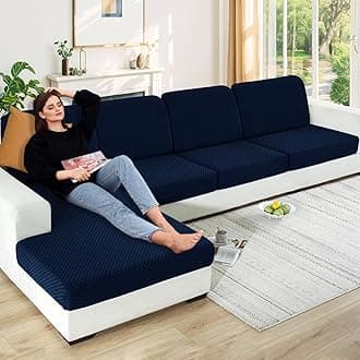 【Clearance】 Stretch Individual Cushion Covers Large Sofa Seat Cushion Slipcovers Soft Couch Cover Replacement Large Checkered Furniture Protector with Elastic Bottom (3 Pcs XL Cushion Covers, Navy)