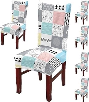 BRIDA Polyester Spandex Stretchable Floral Geometric Printed Dining Chair Covers Elastic Chair Seat Case Protector, Slipcovers (6 Chair Cover, Quilt Square), Multicolor