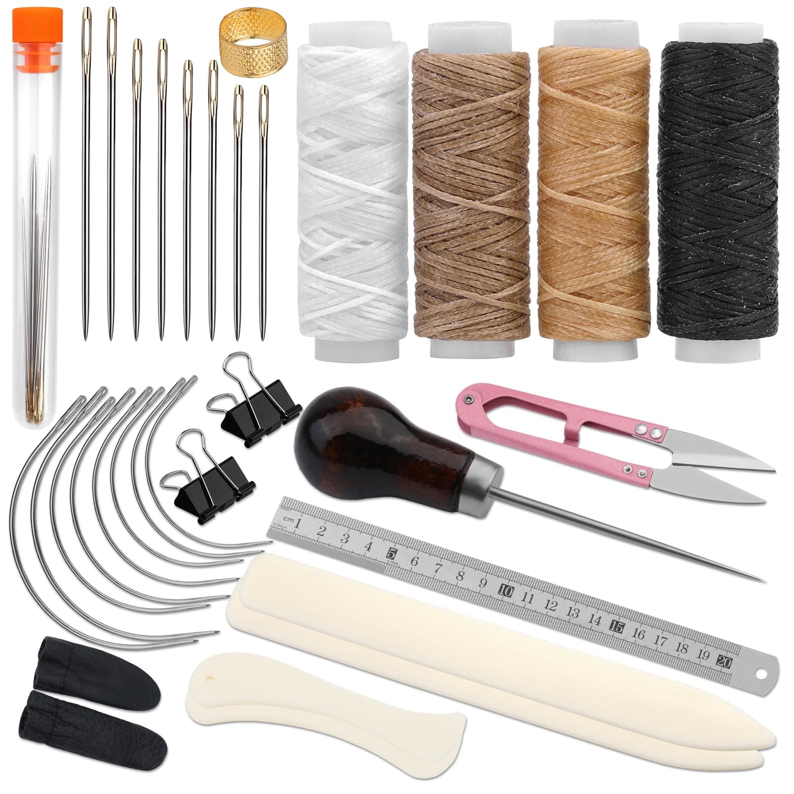 33 Pcs Bookbinding Kits 4 Pcs Bone Folder Paper Creaser Paper Folding Tool Book Binding Supplies with Bookbinding Needle, Waxed Thread, Steel Ruler, Awl for Bookbinding, Paper Card Crafts