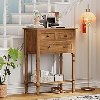 Knocbel Slim Antique Entry Console Table with 3 Drawers & Bottom Open Shelf, Solid Wood Narrow Sofa Couch Table for Entryway Hallway Living Room 23.7" W x 13" D x 31.4" H Natural
