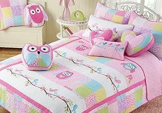 Cozy Line Home FashionsTwin - 6 Piece Cute Owl Pink Blue Green Embroidery 100% Cotton Reversible Girl Bedding Quilt Set, Coverlet, Bedspreads (1 Quilt + 1 Sham + 4 Decorative Pillows)