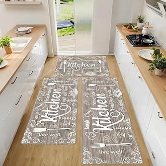 Kitchen Mats for Floor, Non Slip Brown Nappa Leather Kitchen Rugs Sets of 3, Farmhouse Washable Kitchen Runner Rugs Stain Resistant for Kitchen, Laundry Room, Bathroom, Entryway Carpet Decor