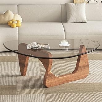 EASYSOUL Modern Glass Coffee Table, 32.68" D x 22.44" W x 15.75" H, Abstract Round Tea Tables for Living Room Home Office Industrial Cocktail Tables (Walnut-Clear Glass, 32.68")