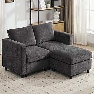 58”Modular Sectional Loveseat Sofa with Storage, Comfy Office L Shaped Sofa Couch, Chenille Love Seat Modular Sectional Couch with Movable Ottoman for Living Room, Bedroom, Dark Grey