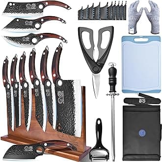 XYJ Professional Serbian Chef Knife Set with Roll Bag, Japanese Culinary Knives, Meat Cleaver, Kitchen Chopping Knife, and Protective Sleeves, Perfect for Home Cooking or Outdoor Camping (17)