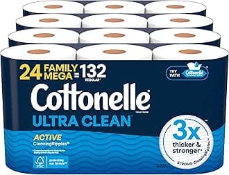 Cottonelle Ultra Clean Toilet Paper with Active CleaningRipples Texture, Strong Bath Tissue, 24 Family Mega Rolls = 132 Regular Rolls (4 Packs of 6)