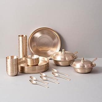 Veda Essentials. 40-Piece Kansa Dinner Set | Matte Finish | 6 Plate (10.5" Thali), 12 Bowls, 6 Glass, 6 Sweet Dish Plate, 6 Spoon, 2 Serving Bowls with 2 Spoons | Handcrafted Bronze Tableware,Solid