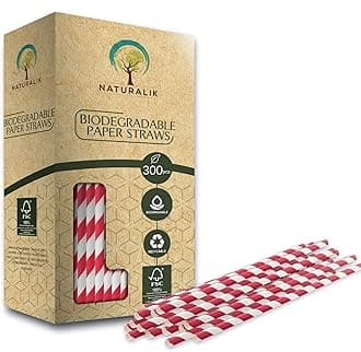 Naturalik 300 Pack Extra Durable Red Paper Straws Biodegradable- Heavy Duty Eco-Friendly Paper Straws Bulk- Drinking Straws for Juices, Restaurants and Party supplies, 7.7" (Red, 300ct)