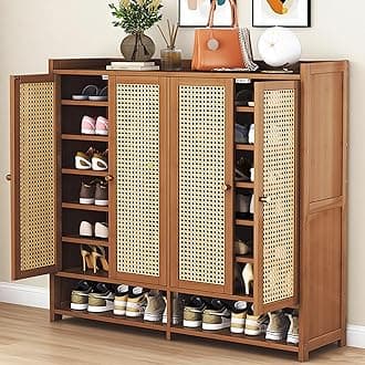 8 Tier Bamboo Shoe Storage Cabinet with Doors, 39-41 Pairs Shoe Rack for Closet, Freestanding Bamboo Shoe Rack Organizer with Shelves for Hallway Living Room (Brown)