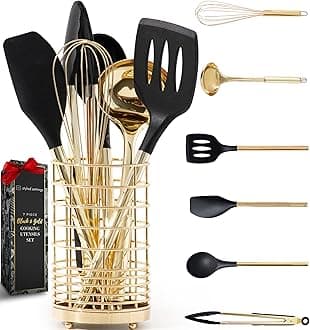 Styled Settings Black and Gold Cooking Utensils Set - 7-Piece Silicone Utensils Set Include Spatula Holder for Nonstick Cookware and Modern Kitchens - Stylish Black and Gold Kitchen Accessories