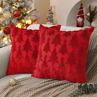 DFXSZ Christmas Tree Pillow Covers 16x16 inch Set of 2 Christmas Decoration Red Soft Plush Faux Fur Jacquard Throw Pillows for Bedroom Sofa Holiday Festivals Winter Home Decor X PTK009B16