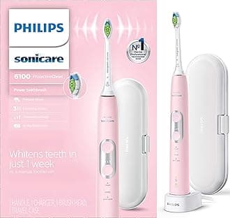 Philips Sonicare ProtectiveClean 6100 Rechargeable Electric Toothbrush, with Pressure Sensor, 3 Cleaning Modes, SmarTimer and QuadPacer, 14-Day Battery Life, Travel Case, Pink, Model HX6876/21