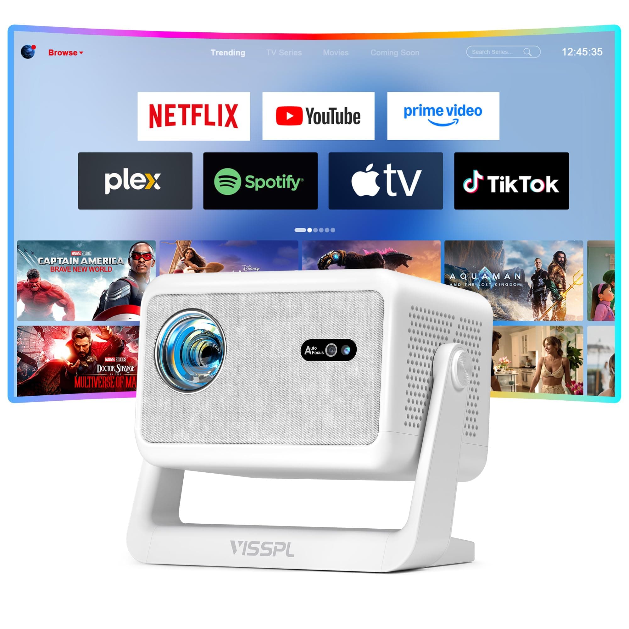 【Compatible with Netflix & Auto focus 】VISSPL Smart Projector with WiFi and Bluetooth, Auto Focus & Keystone Protable Mini Projector with Stand, 4K Home Theater Projector