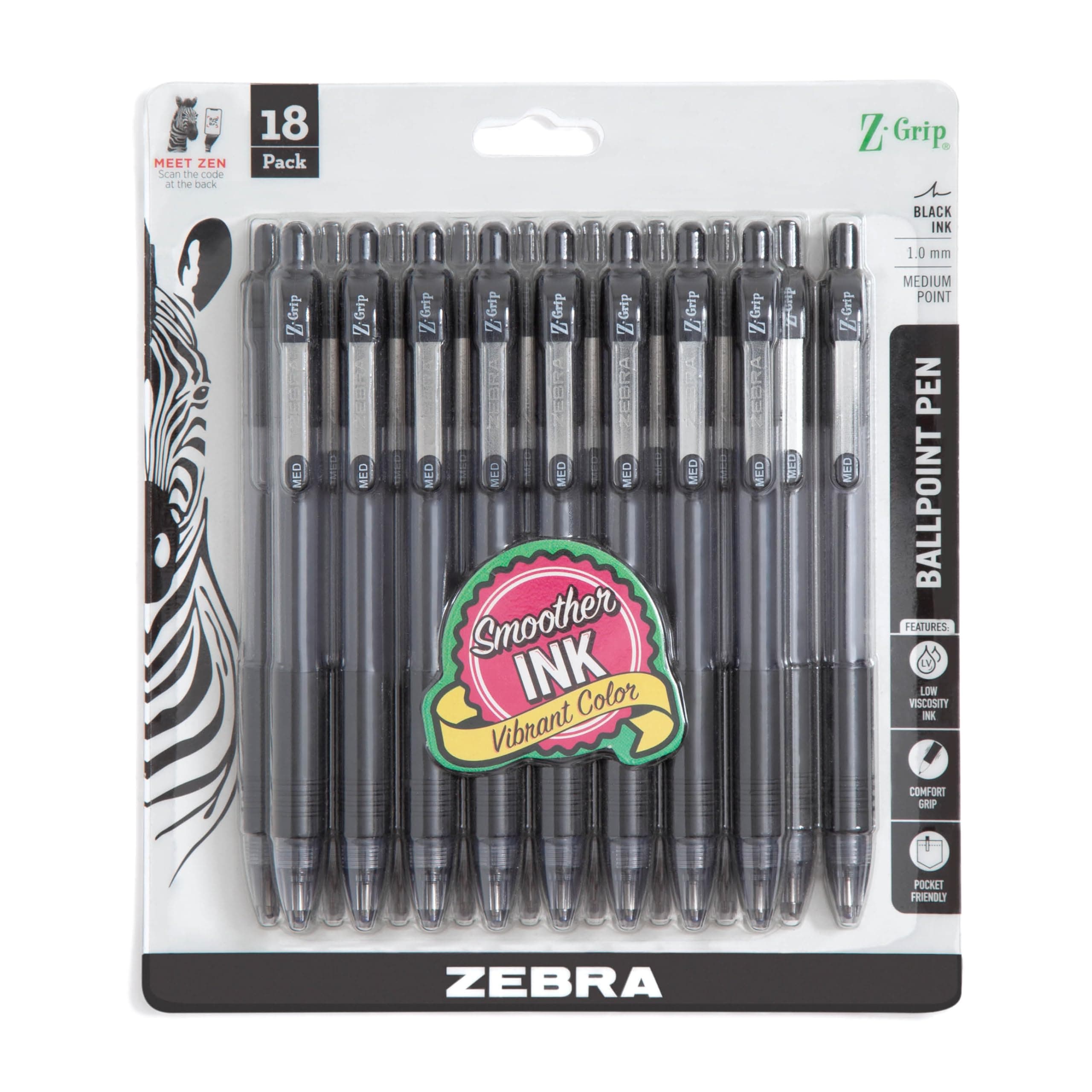 Z-Grip Retractable Ballpoint Pen, Smooth-Flowing Black Ink, 1.0mm Medium Point, School & Office Supplies, Ideal for Note-Taking, Journal and Planner Use, 18-Pack (22218)