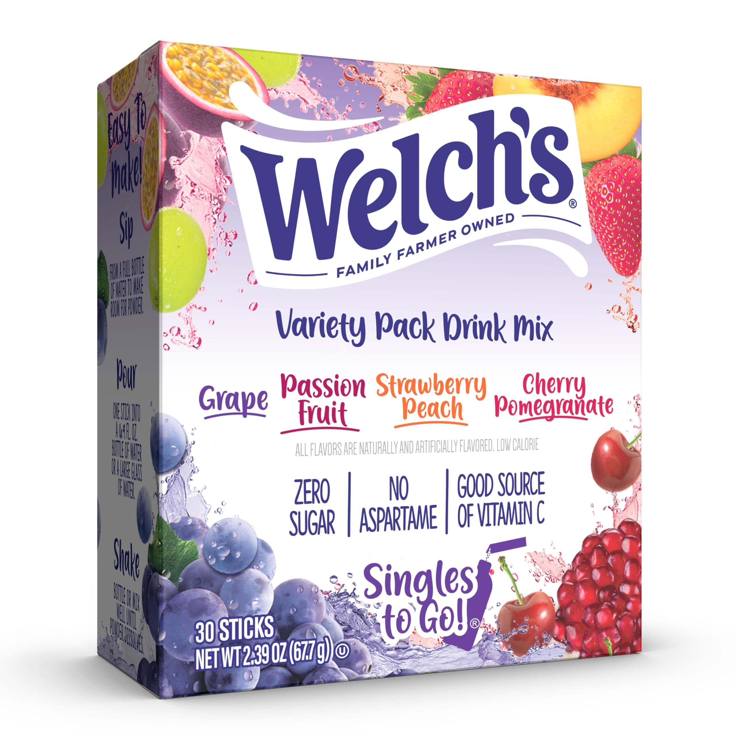Welch's Singles To Go Variety Pack, Watertok Powdered Drink Mix, Includes 4 Flavors, Grape, Passion fruit, Strawberry Peach, Cherry Pomegranate, 1 Box (30 Servings)