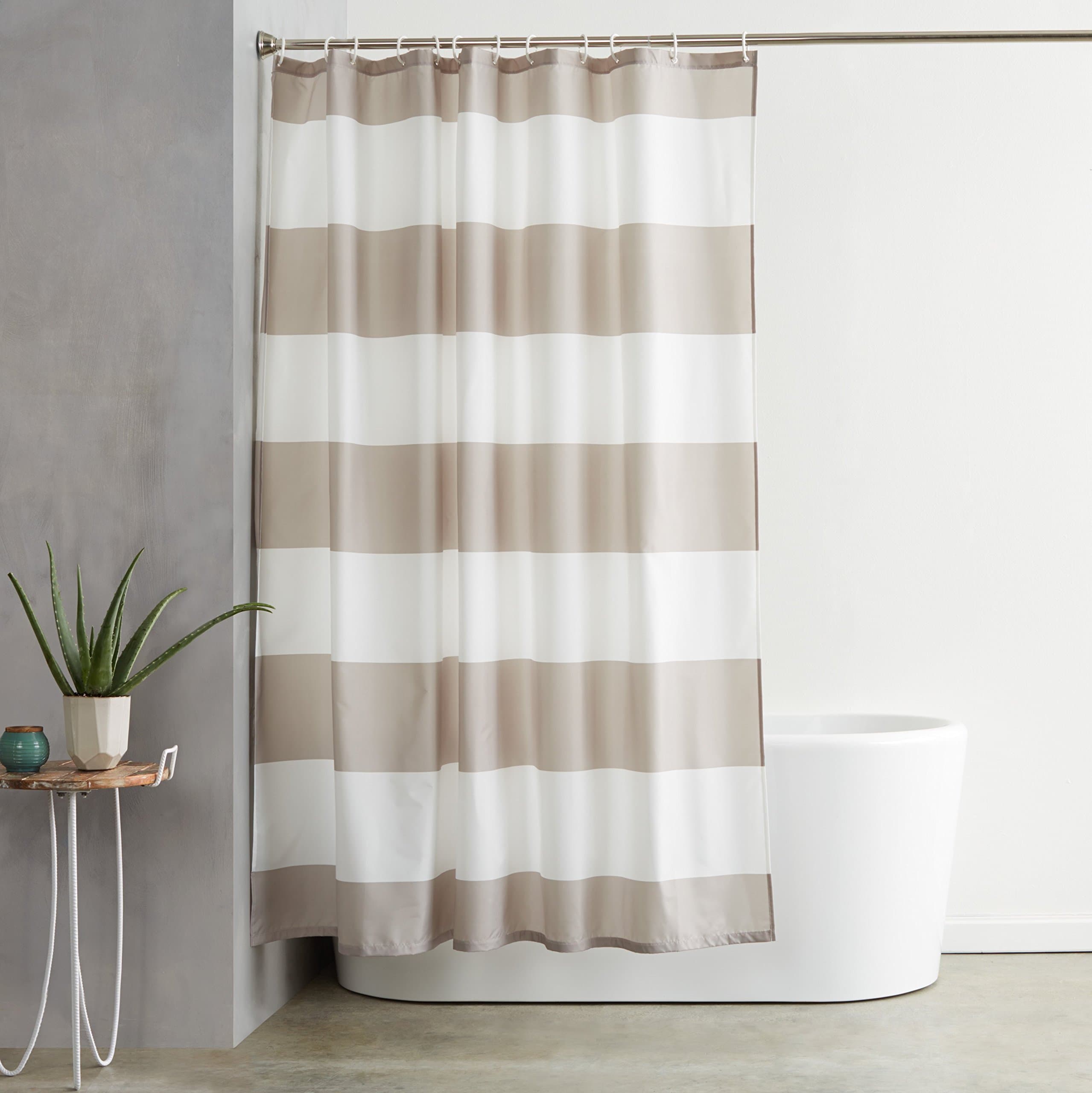 Amazon Basics Shower Curtain with Hooks, Water and Mould Resistant Fabric, Machine Washable Bathroom Curtain, 183 x 183 cm, Grey Striped