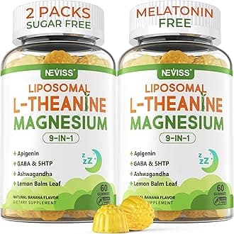Liposomal L-Theanine 200mg Magnesium Glycinate 400mg Gummies with GABA, 5HTP, Apigenin, Vitamin B6 & D3, Ashwagandha, Lemon Balm Leaf, Melatonin Free Sleep Chewable for Relax Mood & Muscle, 2 Packs