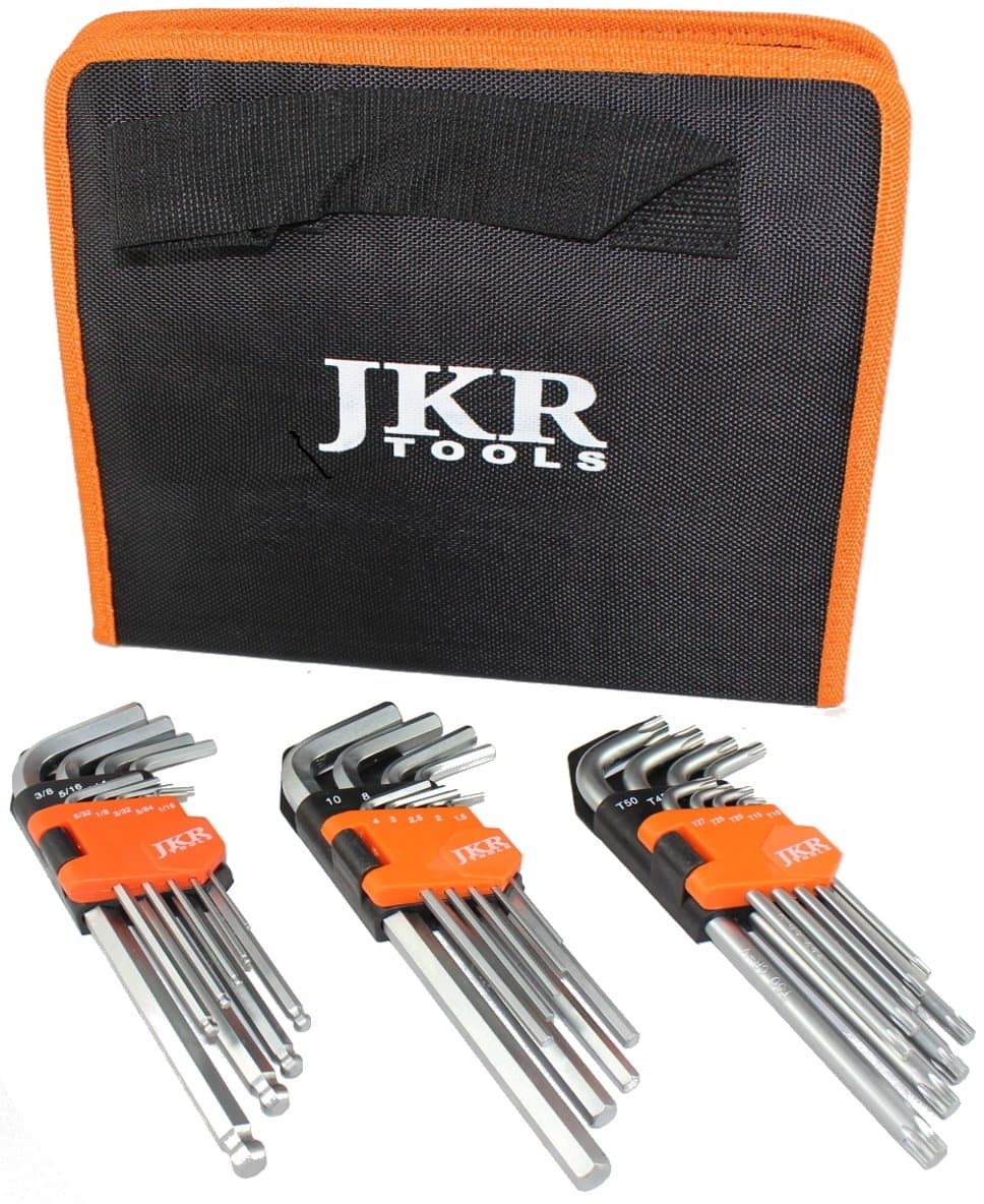 JKR Tools Hex Key TORX Metric Imperial Triple Set 27 Pieces Long Allen Keys with Storage Case