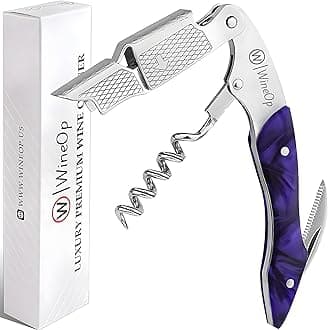WineOp Professional Wine Opener Luxury Double Hinged Waiter's Corkscrew Wine Bottle Key - Cork screwer for Servers, Bartenders, Sommelier and Home Use | All-In-One Stainless Steel (Purple Resin)