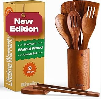 Riveira Walnut Wooden Spoons for Cooking Set of 9 – Natural Walnut Wooden Cooking Utensils, Spatula, Spoon - Premium Quality Utensil Set for Non-Toxic Cooking