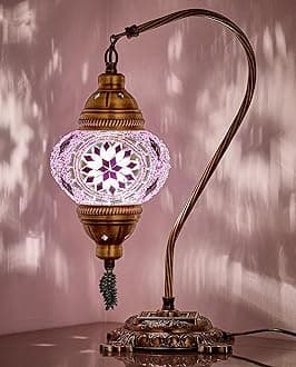 DEMMEX Turkish Moroccan Mosaic Table Lamp–Handcrafted Tiffany-Style Colorful Glass Swan Neck Bedside, Desk Light, Boho Artisan Accent Lighting for Bedroom, Living Room–38cm H, Lilac