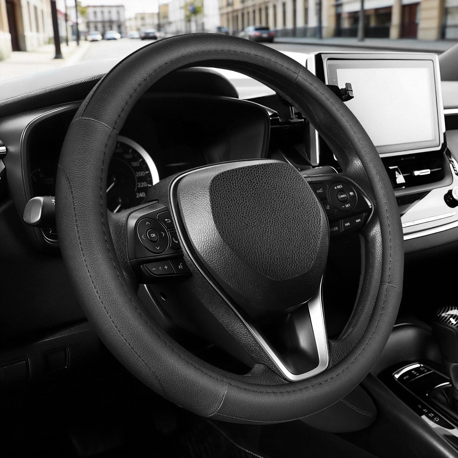SEG Direct Car Steering Wheel Cover for Prius Civic Model 3 Model Y Camaro, Small Size 14-14.25 inch, Black Microfiber Leather