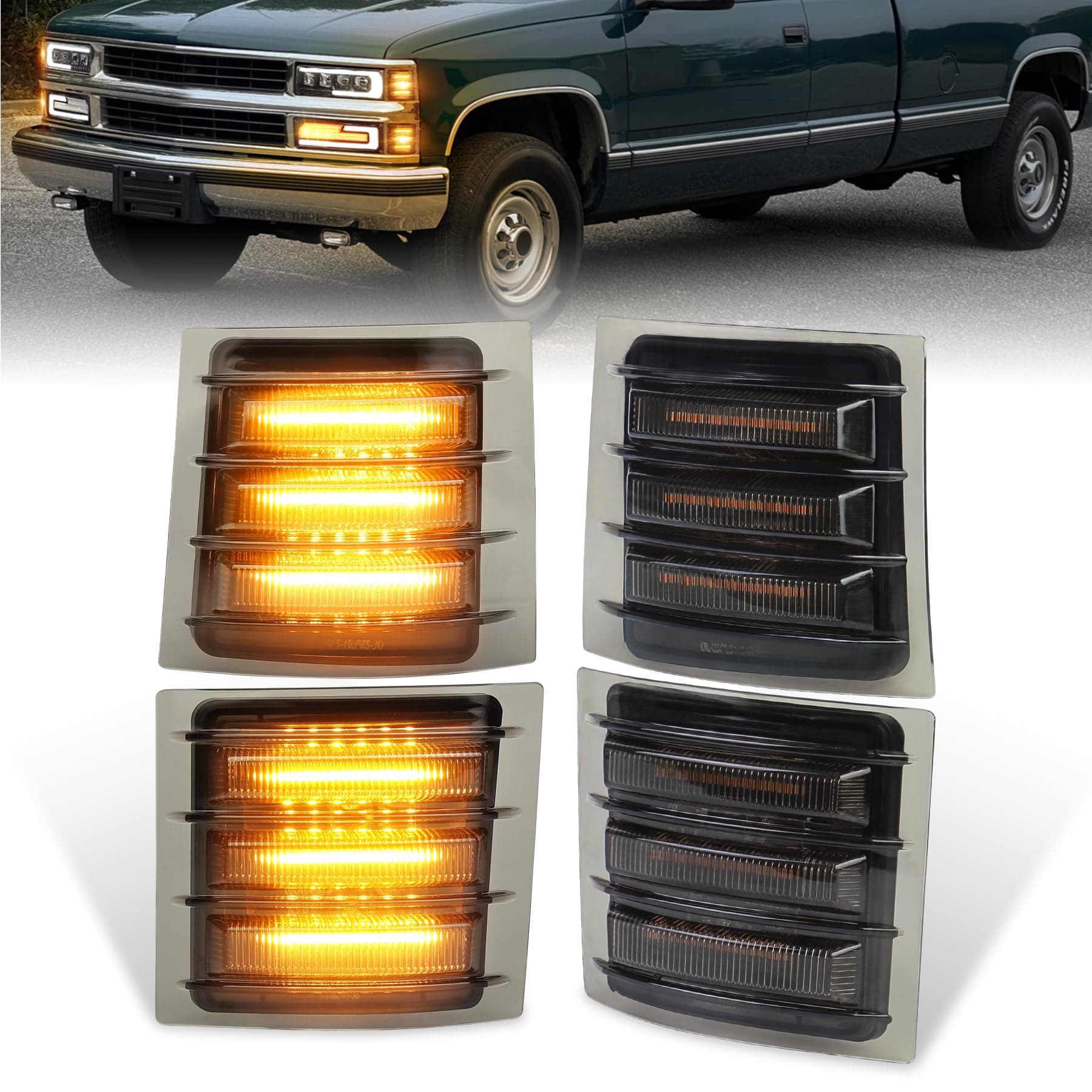 MOVOTOR LED Side Marker Lights with Amber Sequential Turn Signal Side Corner Lights Smoked Lens Compatible with 1994-1998 Chevy C/K 1500 2500 3500 Suburban Silverado Tahoe(NOT FIT for GMC)