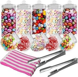 10 Retro Plastic Sweet Jars - Empty Sweet Jars With Lids, Vintage Victorian Style Sweets Jar Set, Pick & Mix Candy Buffet Kit for Parties With 2 Tongs & 50 Pink Candy Stripe Paper Bags