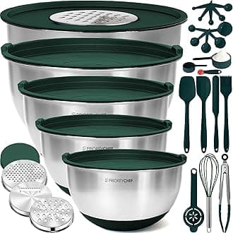 Priority Chef Premium Large 28Pc Stainless Steel Mixing Bowls with Lids Set, Non-Slip Base, Air Tight Lids, 3 Graters and Utensil Set, Large Metal Nesting Bowls for Kitchen, Green