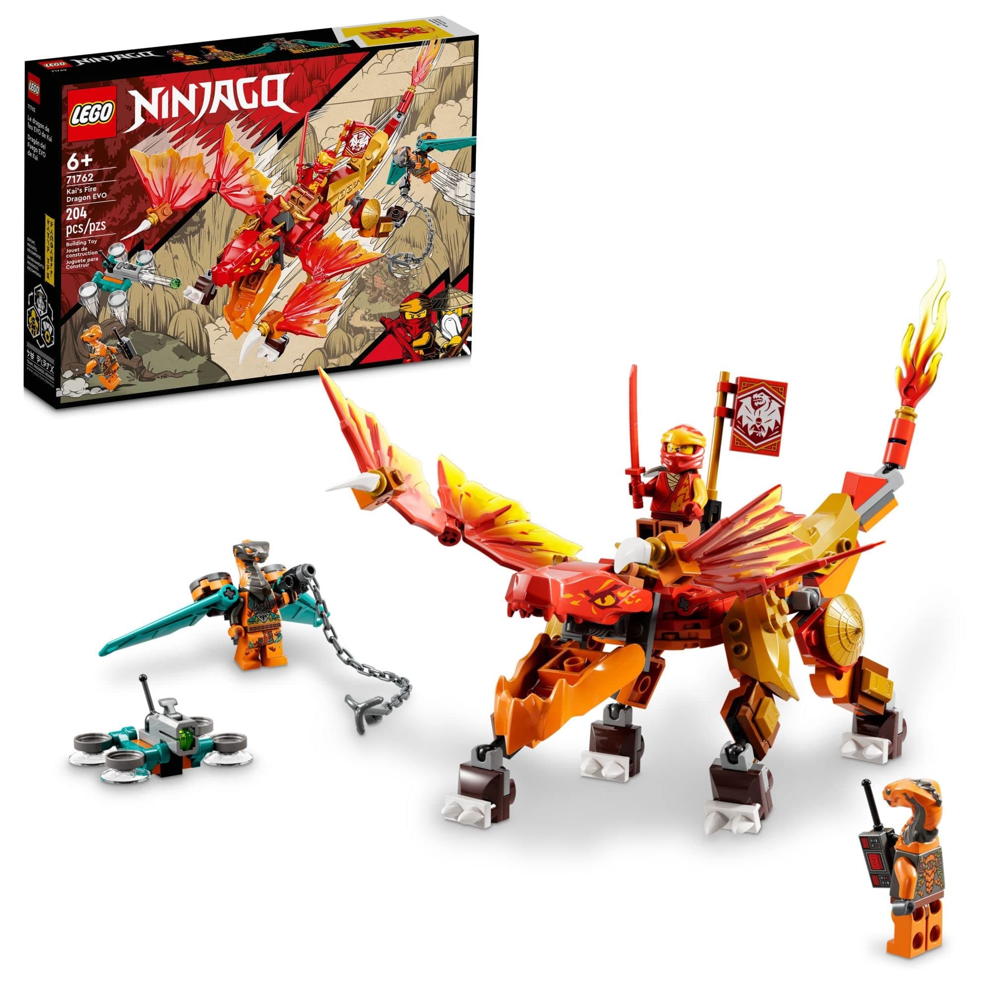 NINJAGO Kai’s Fire Dragon EVO 71762 Building Kit Featuring a Ninja Dragon Toy, NINJAGO Kai and Snake Figures; Toy Playset for Kids Aged 6+ (204 Pieces)