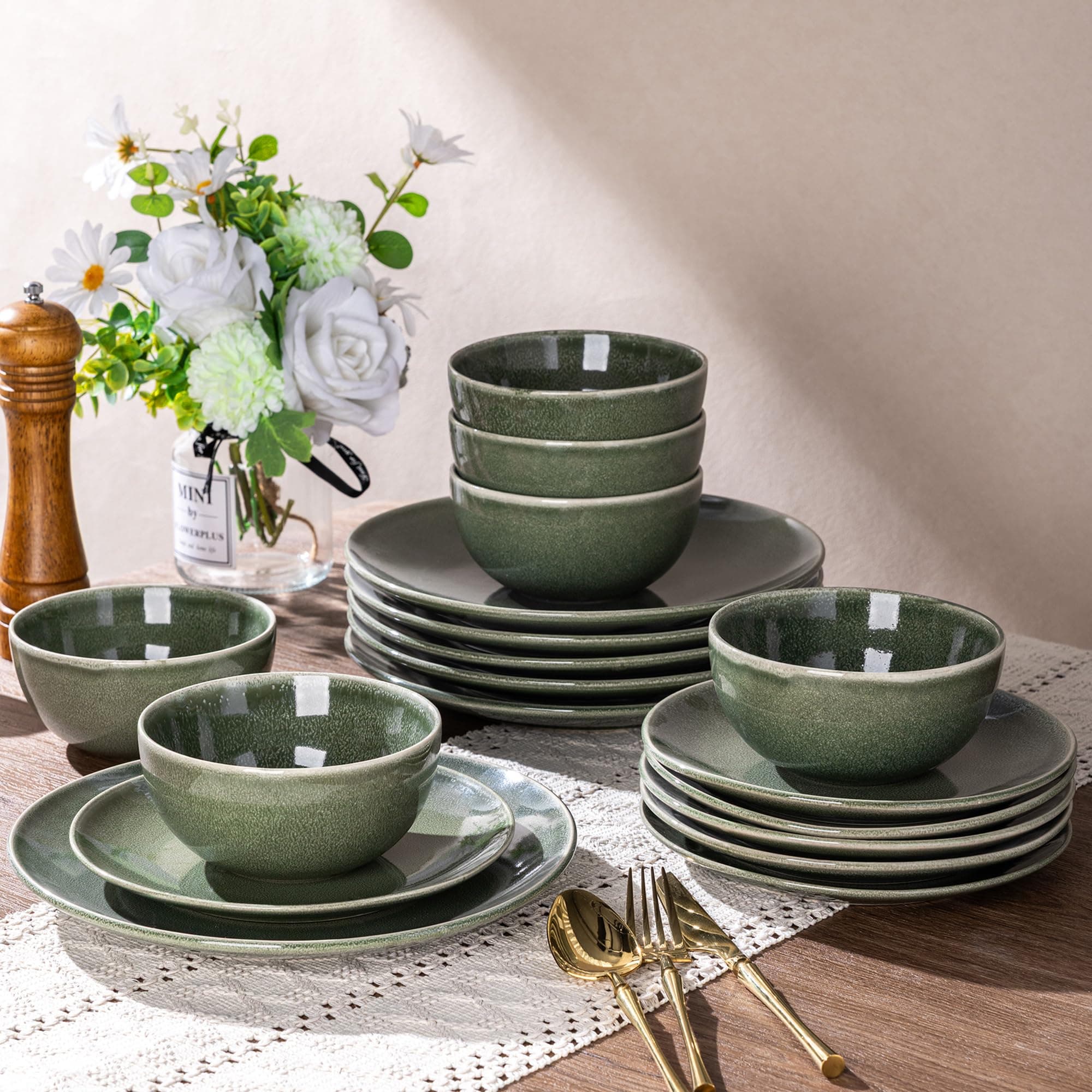 AmorArc Ceramic Dinnerware Sets for 8, 24 Pieces Handpainted Plates and Bowls Set, Scratch Resistant Stoneware Dishes Set, Dishwasher & Microwave Safe, Jade Green