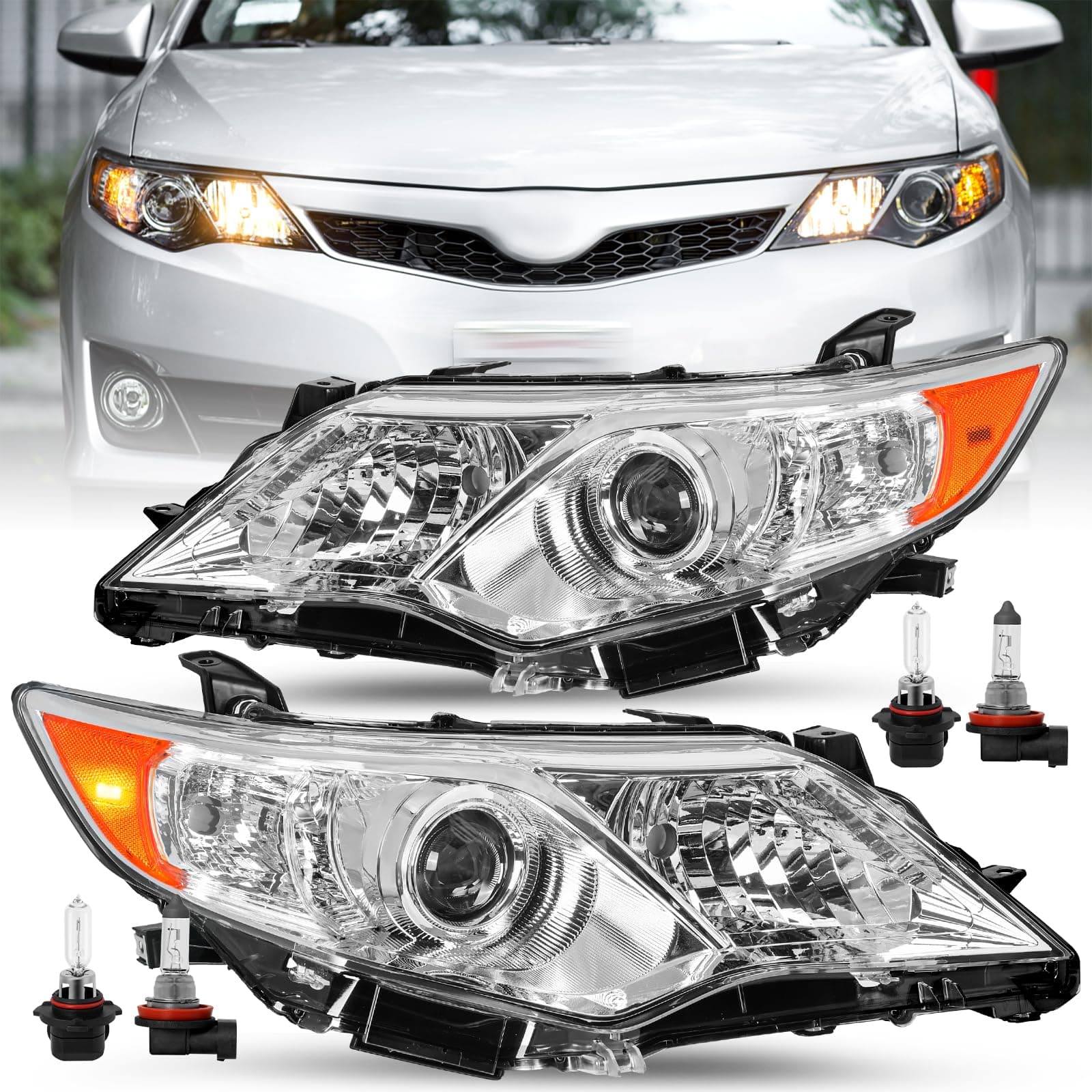 JSBOYAT Projector Headlight Assembly Replacement fit for 2012 2013 2014 Toyota Camry SE/L/LE/XLE/Hybrid Headlamp Passenger and Driver Side Chrome Housing Amber Reflector (Bulbs Included)