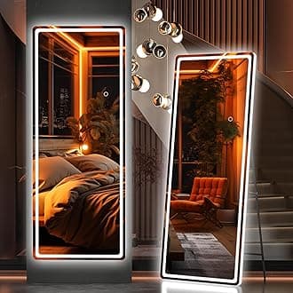 Hasipu Full Length Mirror with Lights, 56" x 20" LED Floor Mirror, Full Body Dressing Standing Mirror, Hanging Mounted Mirror for Living Room Bedroom Cloakroom, Round White