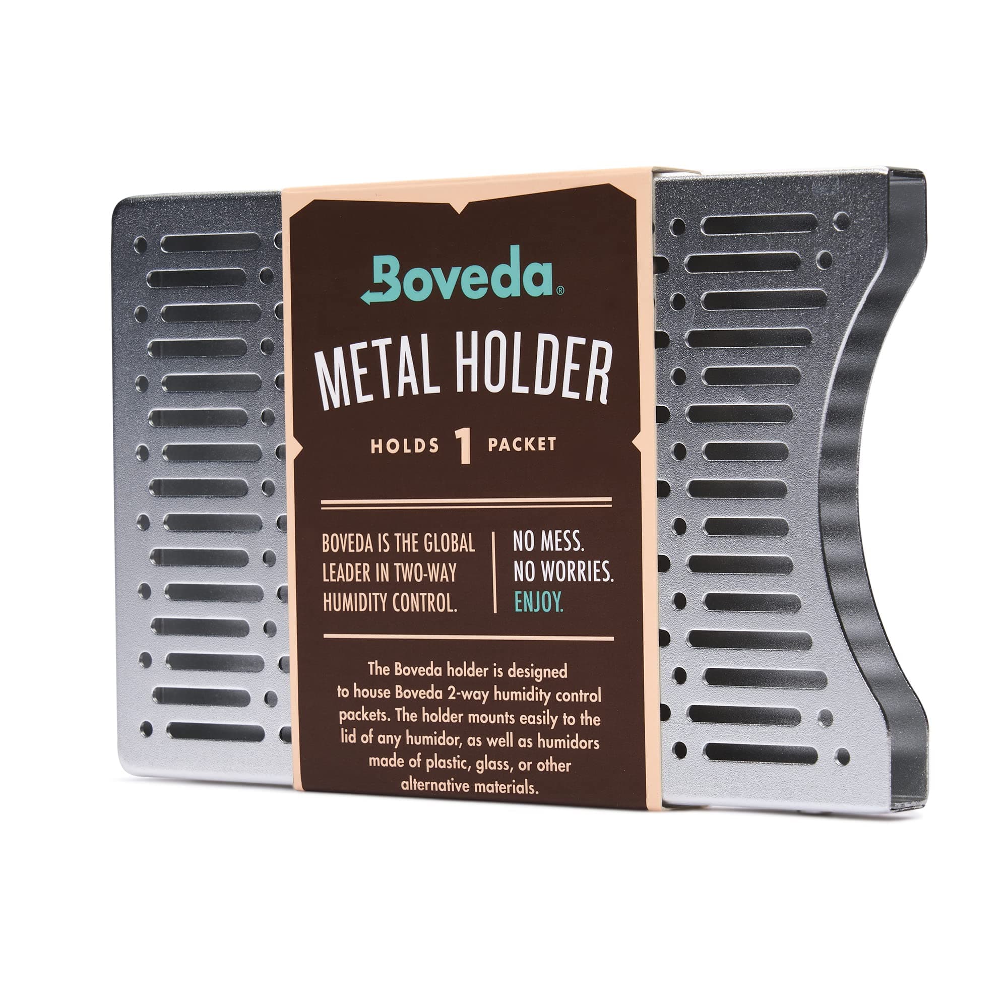 Boveda Brushed Aluminum Humidity Pack Holder – For Use With One Size 60 Boveda Pack (Sold Separately) - Space Saving - Includes Magnetic and Removable Tape Mounting Kits – 1 Count