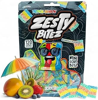 Zesty Bitez - Sour Candy Belts - Vegan Candy Strips, Super Sour Gummies - Mouth Puckering Sweet Candies for Adults & Kids - Resealable Pouch 4.2oz - Tropical Rainbow by Finatic
