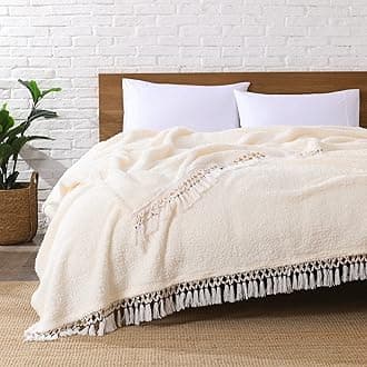 Ultra Soft Fleece Sherpa Blanket King Size,Lightweight Cozy Boho Bed Blanket with Decorative Tassel, Pattern Reversible, Antique White,104”x90”