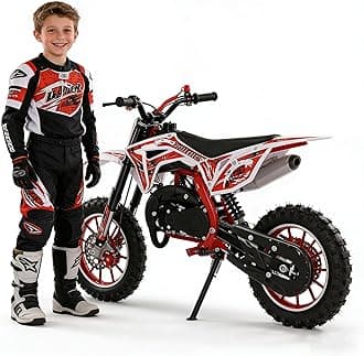 49cc Kids Dirt Bike, 2-Stroke Dirtbike, 40KM/H Gas Power Motocross, Off Road Mini Motorcycle with Front Rear Disc Brakes, Mini Dirt Bike for Kids 5-15 Years Old 5-star quality (Red)