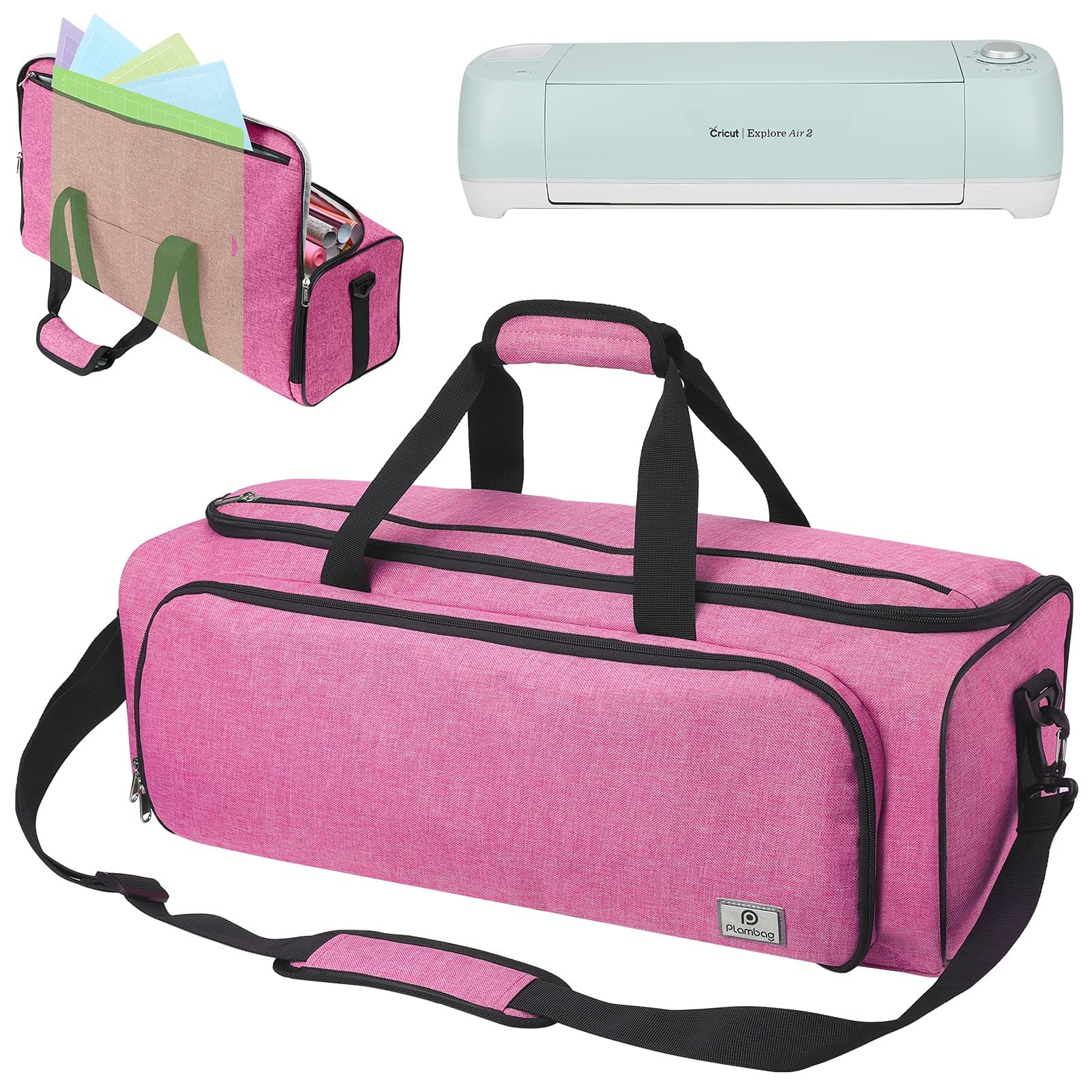 Plambag Carrying Case Bag for Cricut Maker Explore Air (Air2/Maker3), Large Opening Carrying Tote Bag for Die Cut Machine with Cutting Mat Pocket, Water Repellent(Pink)