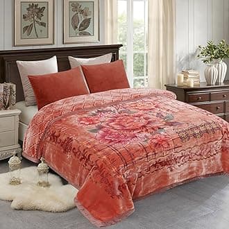 JML Plush Fleece Blanket 87" x 94", 10.5 Pounds Korean Style Mink Blanket King Size for Winter - Soft and Warm, 2 Ply A&B Printed Embossed Raschel Bed Blanket (Peony Orange)
