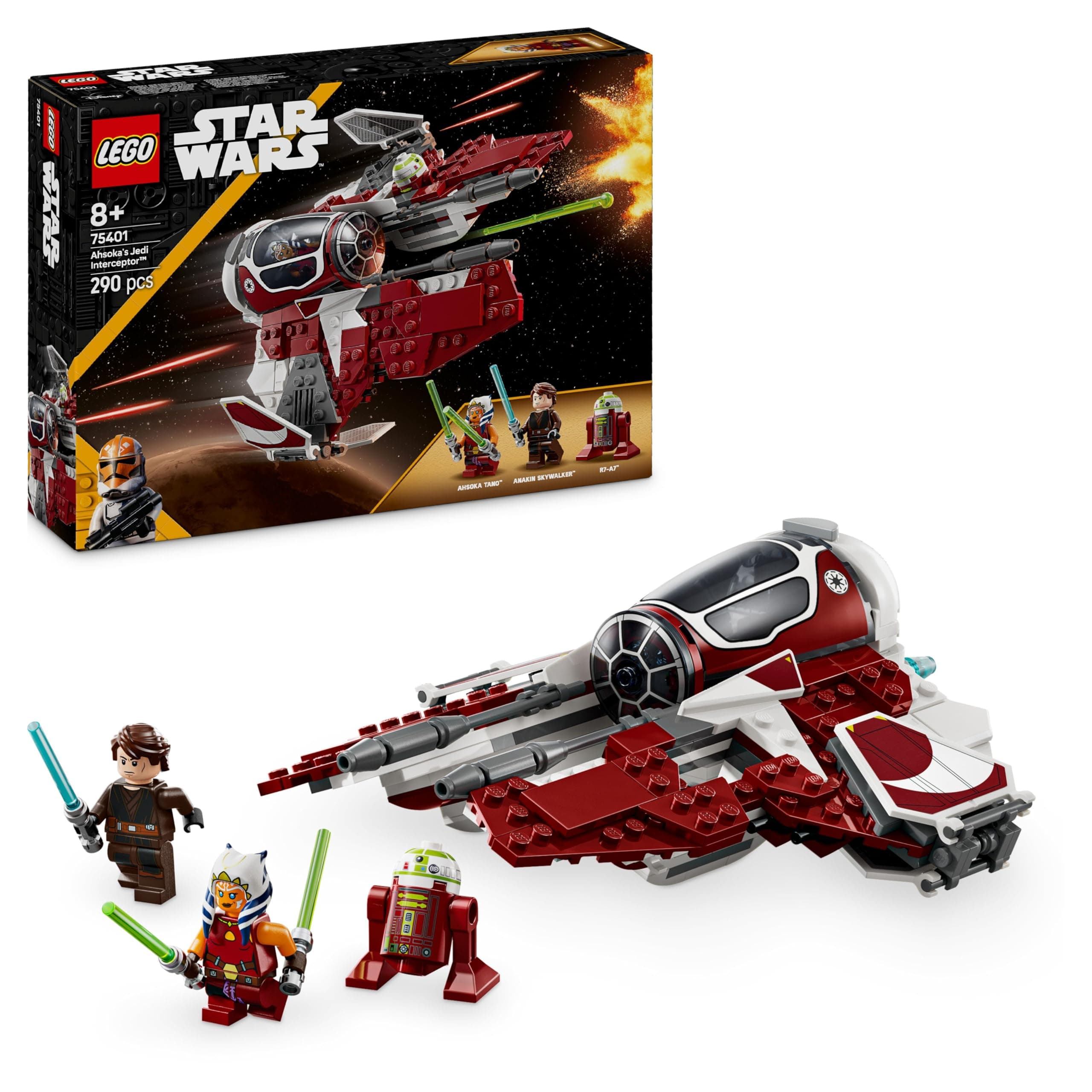 Star Wars Ahsoka’s Jedi Interceptor Building Toy Features 2 Minifigures with Lightsabers Incl. Anakin Skywalker, plus an R7-A7 Droid Figure for The Clone Wars Fans, 8+ Year Old Boys & Girls 75401