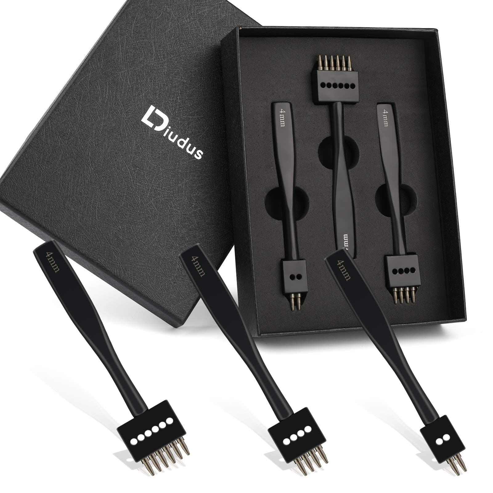 2/4/6 Prong Punch, Black Leather Punch Tool, 4Mm Lacing Stitching Round Hole For Craft