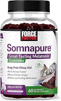 Force Factor Somnapure Gummies with Melatonin 10 mg for Adults, Non-Habit-Forming, Natural Sleep Aid for Deep Sleep, Stay Asleep Longer, Wake Up Refreshed, Dream Berry Flavor, 60 Count (Pack of 1)