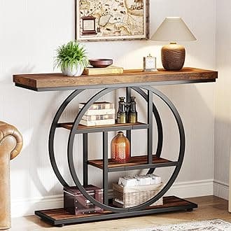 Tribesigns 105CM Console Table, Industrial 4-Tier Sofa Entryway Table with Circle Base, Narrow Wood Accent Tables with Storage Shelves for Living Room, Hallway, Foyer, Rustic Brown