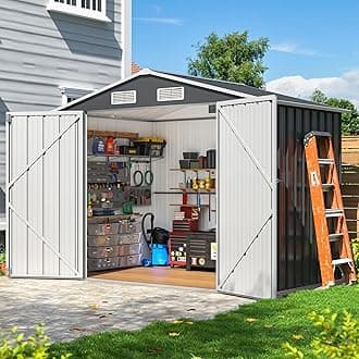 8x6 FT Outdoor Storage Shed, Metal Garden Tool Shed with Updated Frame Structure and Lockable Doors, Ideal for Backyard Garden Patio Lawn, Grey