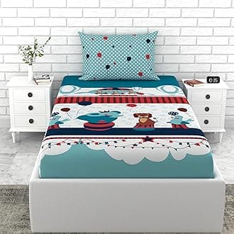 Loreto 100% Cotton 144 TC Single Bedsheet with 1 Pillow Cover for Twin Bed Size, Ideal for Every Day Use for Your Kids Furniture Bed - Plume Babies Blue, Kids